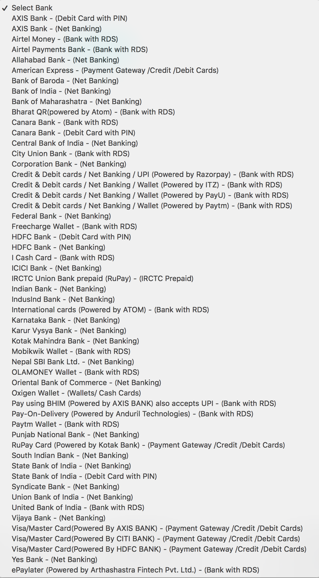 インド電車IRCTC支払い銀行リスト