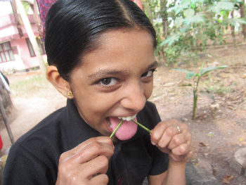 インドの舌磨きをする少女